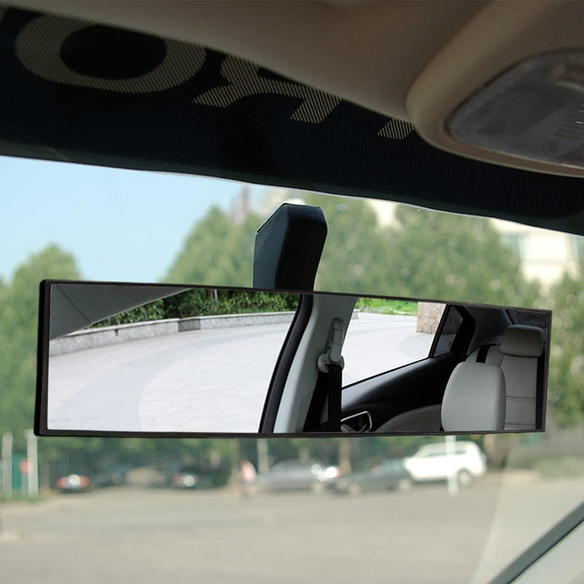 8sanlione 12-Inch HD Panoramic Rearview Mirror, Universal Clip-On Car Mirror, White