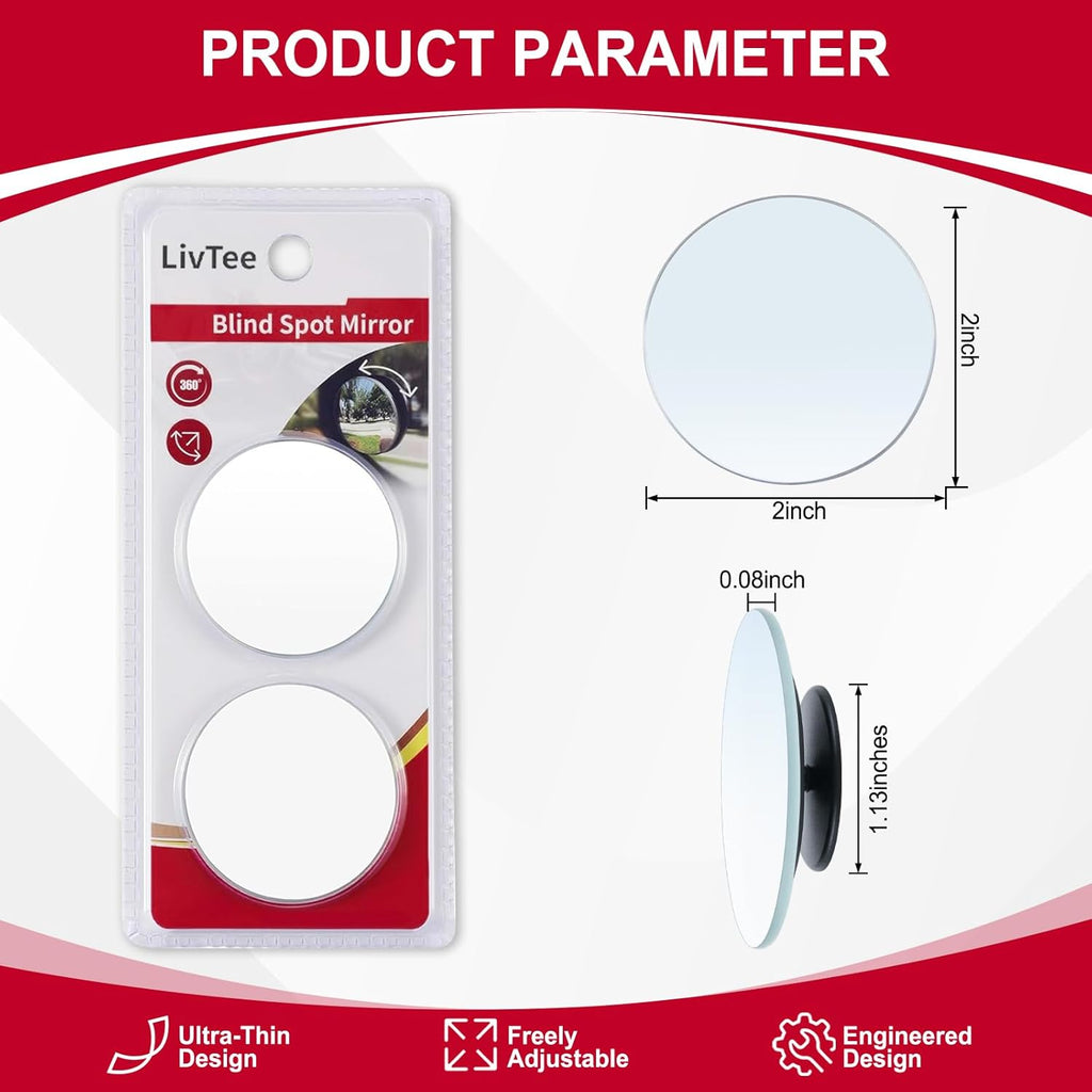 LivTee 2" Blind Spot Mirror, HD Frameless Convex, Wide Angle, Pack of 2