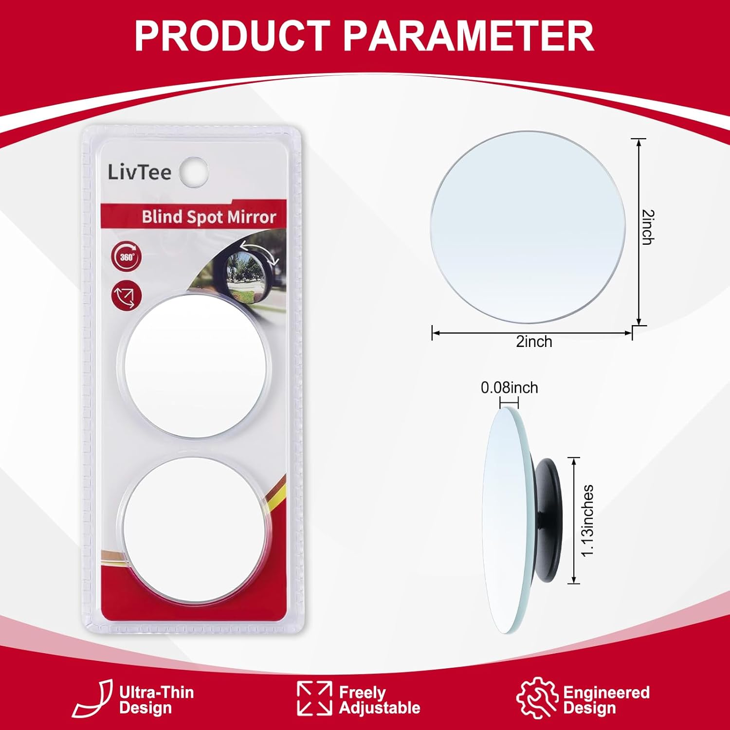 LivTee 2" Blind Spot Mirror, HD Frameless Convex, Wide Angle, Pack of 2