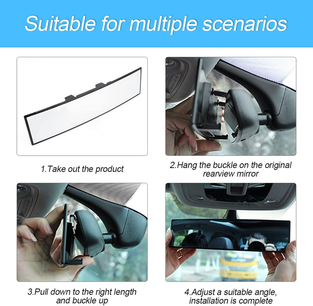 8sanlione 12-Inch HD Panoramic Rearview Mirror, Universal Clip-On Car Mirror, White