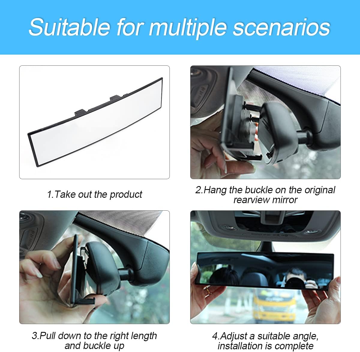 8sanlione 12-Inch HD Panoramic Rearview Mirror, Universal Clip-On Car Mirror, White