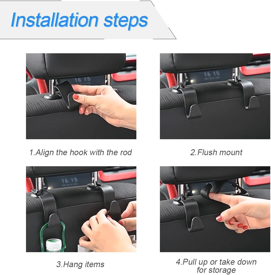 Car Back Seat Headrest Hooks, 4 Pack, Hanger for Bags, Coats, Groceries