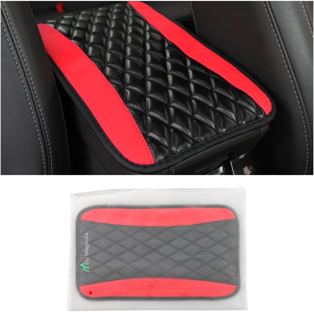 Moly Magnolia Car Armrest Cushion, Leather Waterproof Console Cover, Red