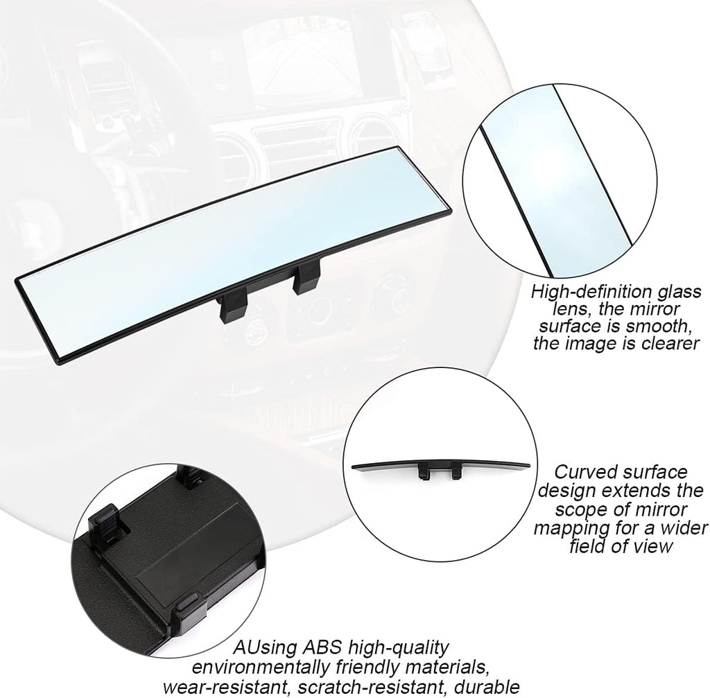 8sanlione 12-Inch HD Panoramic Rearview Mirror, Universal Clip-On Car Mirror, White