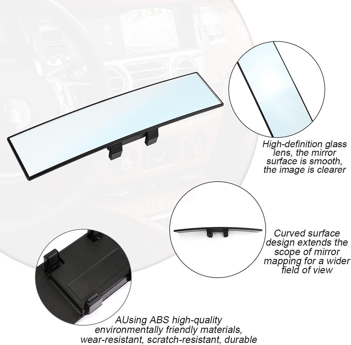 8sanlione 12-Inch HD Panoramic Rearview Mirror, Universal Clip-On Car Mirror, White