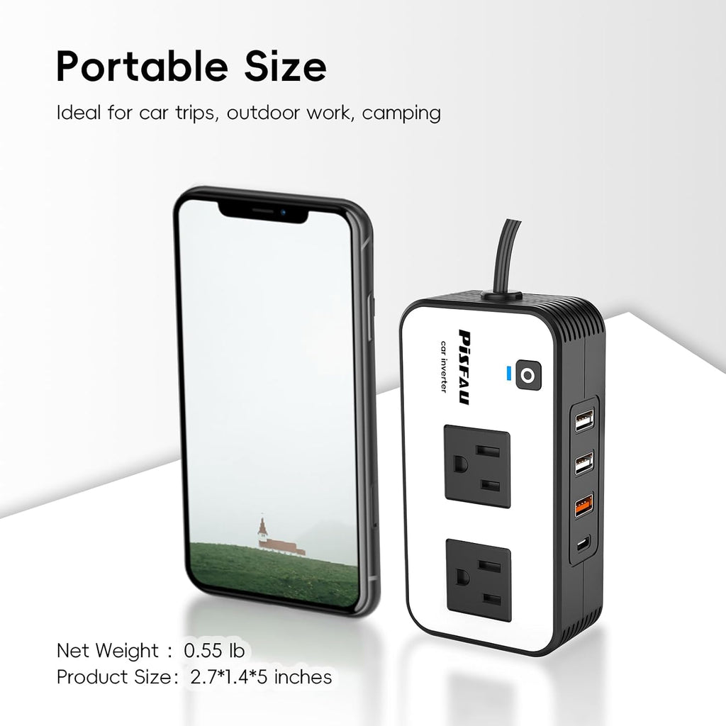PISFAU 200W Car Power Inverter 12V to 110V AC Outlet w/ USB-C, Dual USB