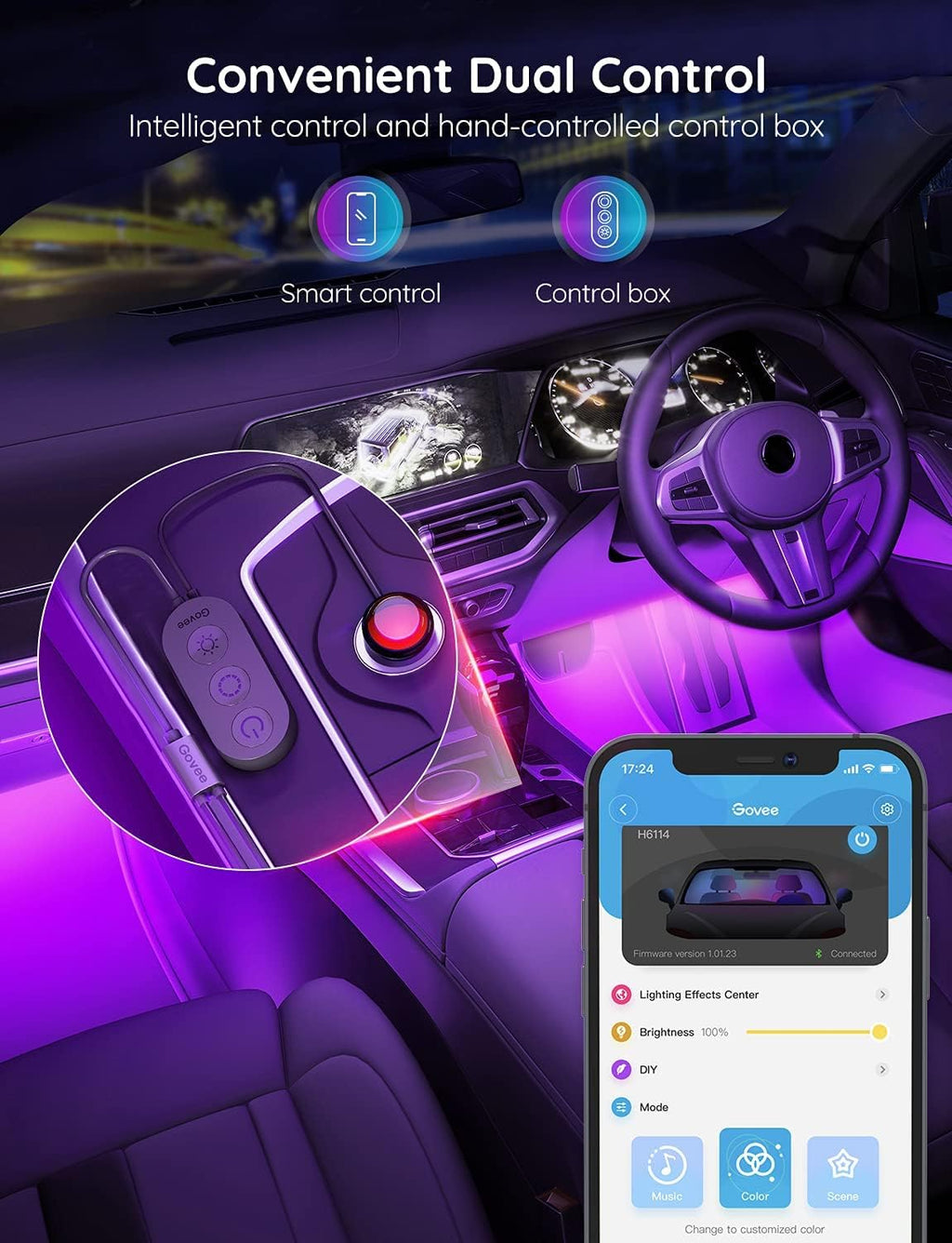 Govee Car LED Lights, RGB Smart App Control, DIY & Music Mode, 12V