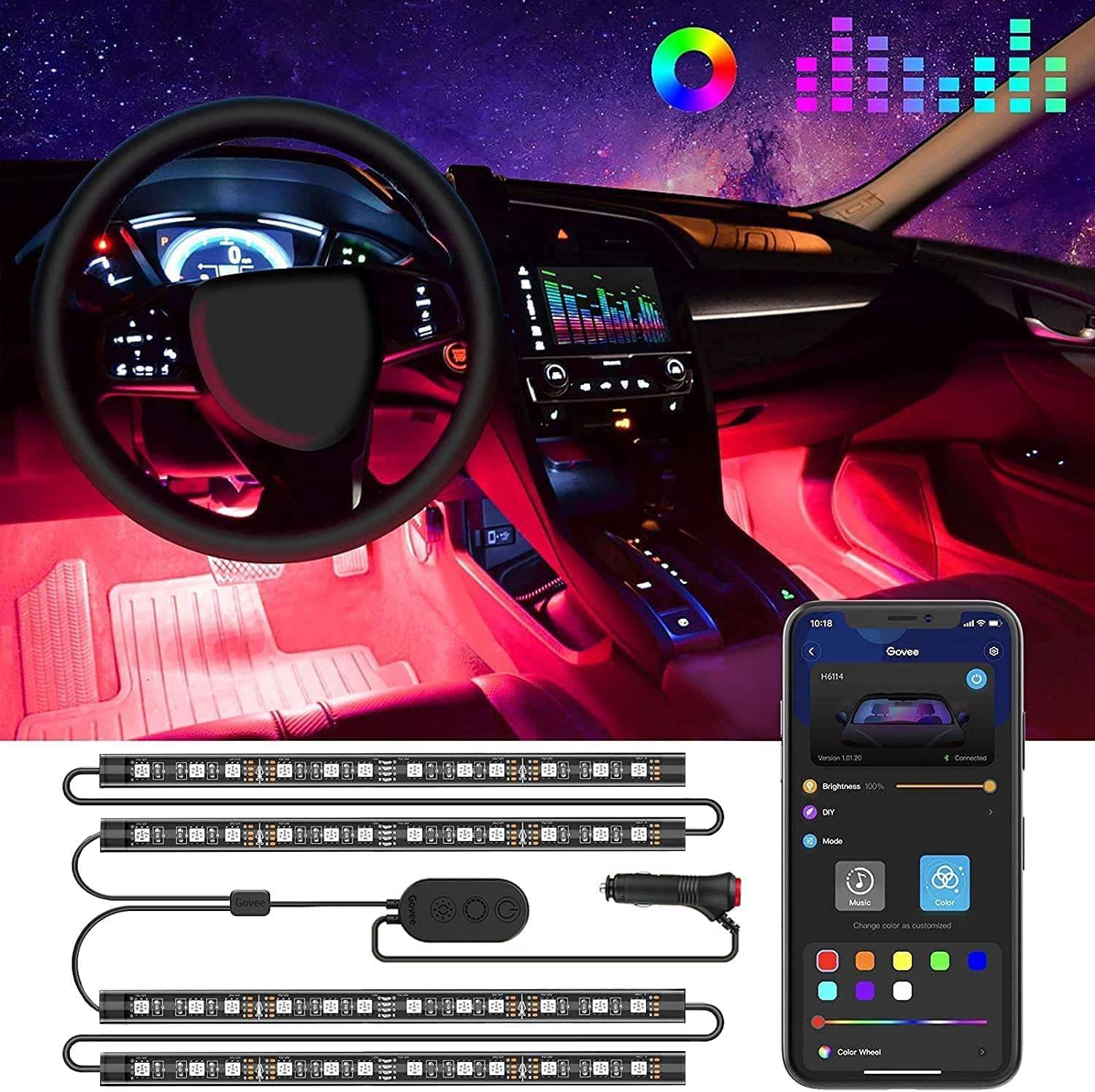 Govee Car LED Lights, RGB Smart App Control, DIY & Music Mode, 12V