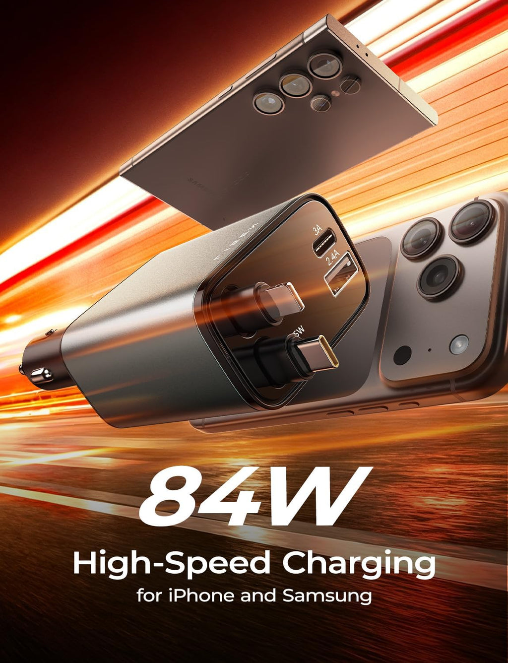 LISEN 84W Retractable Car Charger, USB C Fast Charge, 4 in 1 for iPhone
