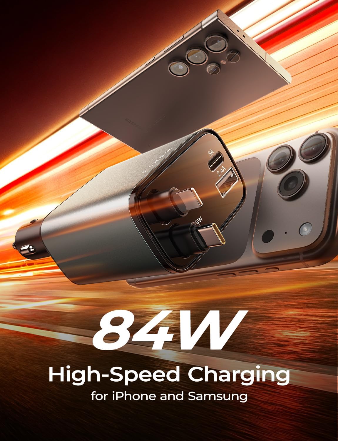 LISEN 84W Retractable Car Charger, USB C Fast Charge, 4 in 1 for iPhone