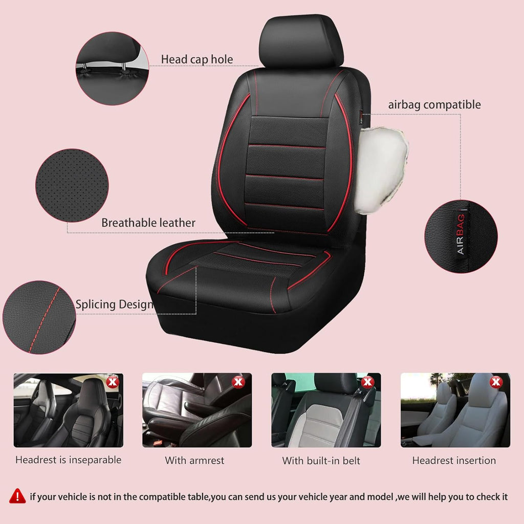 CAR PASS Leather Front Seat Covers, Waterproof Faux Leather Car Seat Protector, Black Red