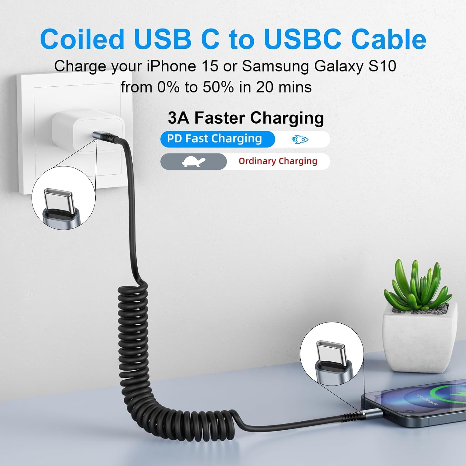 USB C to USB C Cable 2Pack 3ft, Coiled Fast Charging Cord for iPhone 17 Samsung