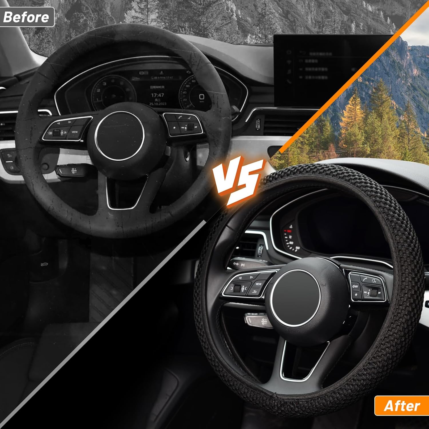 KAFEEK Steering Wheel Cover 15" Universal, Anti-Slip Ice Silk, Black