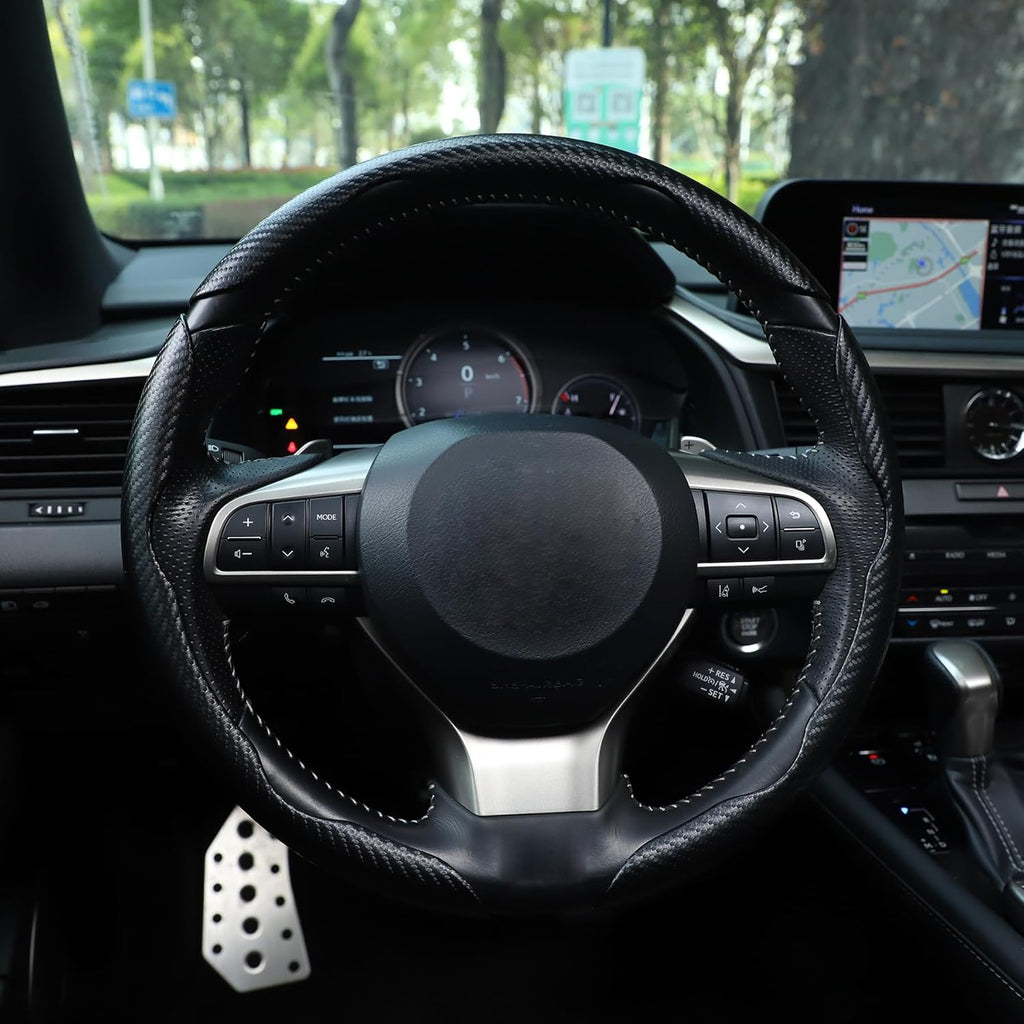 Amiss Carbon Fiber Steering Wheel Cover 3Pcs, Anti-Skid, Universal, Black