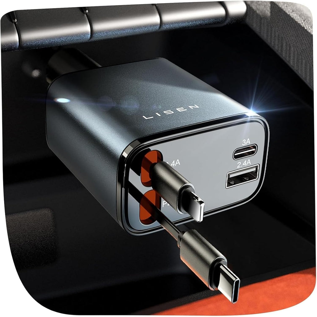 LISEN 84W Retractable Car Charger, USB C Fast Charge, 4 in 1 for iPhone