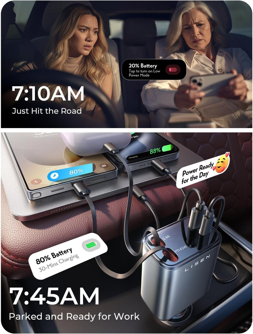 LISEN 84W Retractable Car Charger, USB C Fast Charge, 4 in 1 for iPhone