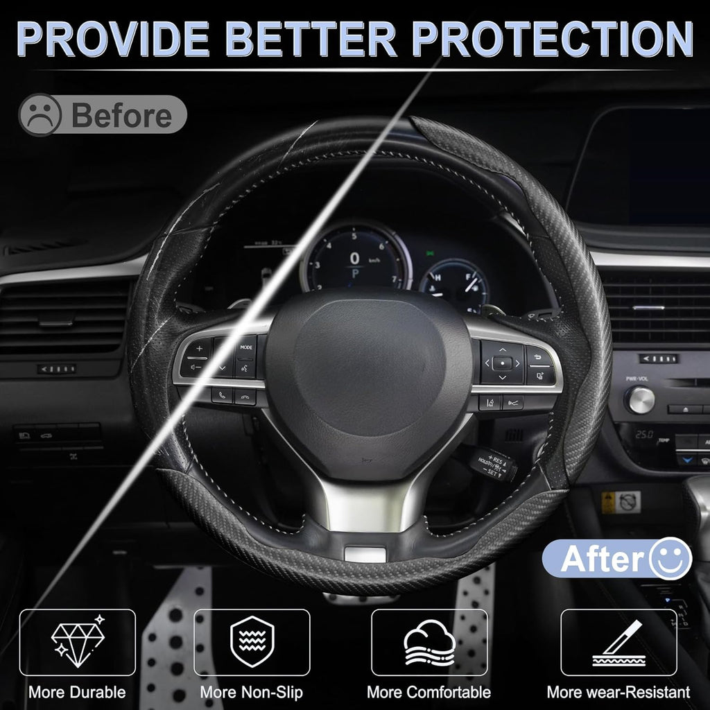 Amiss Carbon Fiber Steering Wheel Cover 3Pcs, Anti-Skid, Universal, Black