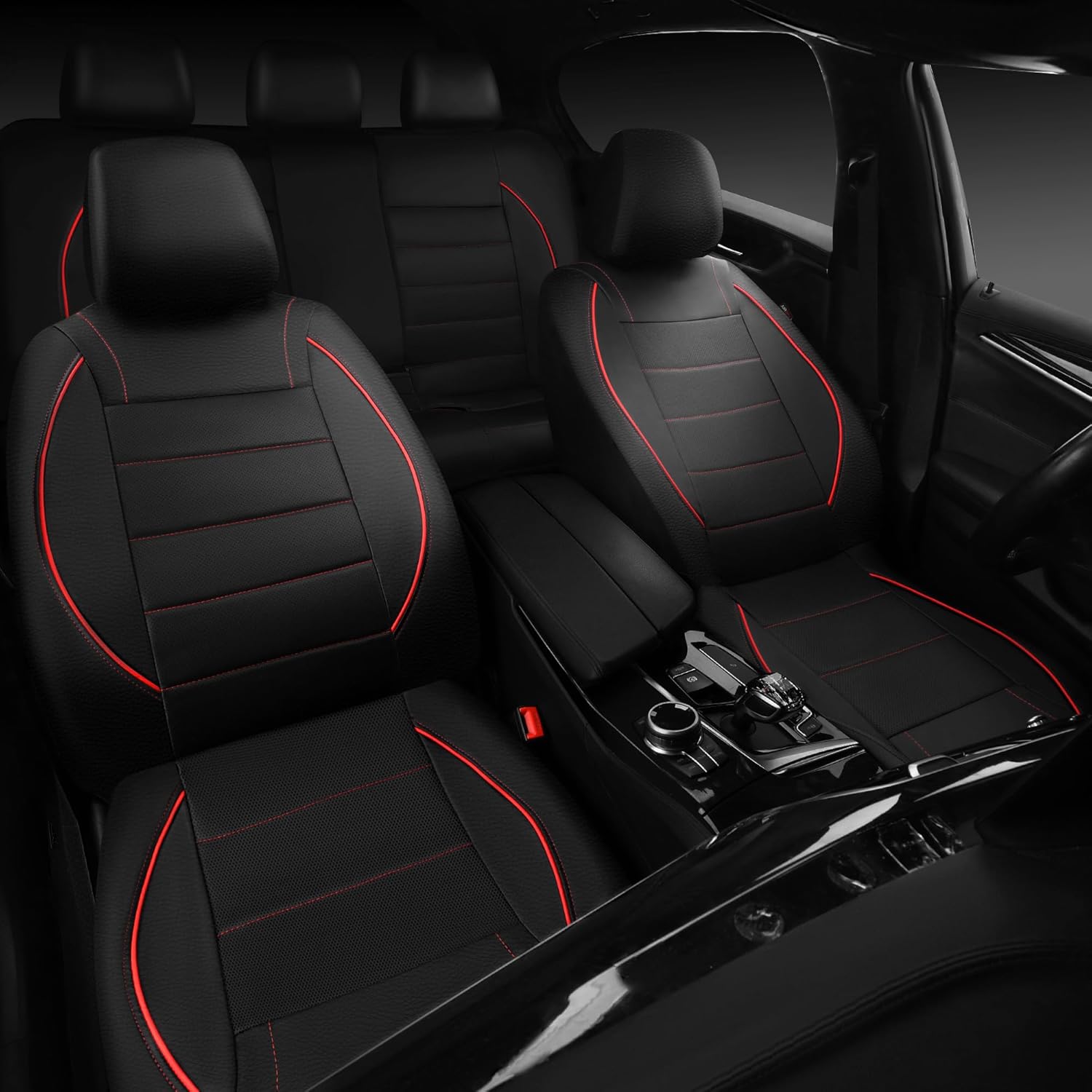 CAR PASS Leather Front Seat Covers, Waterproof Faux Leather Car Seat Protector, Black Red