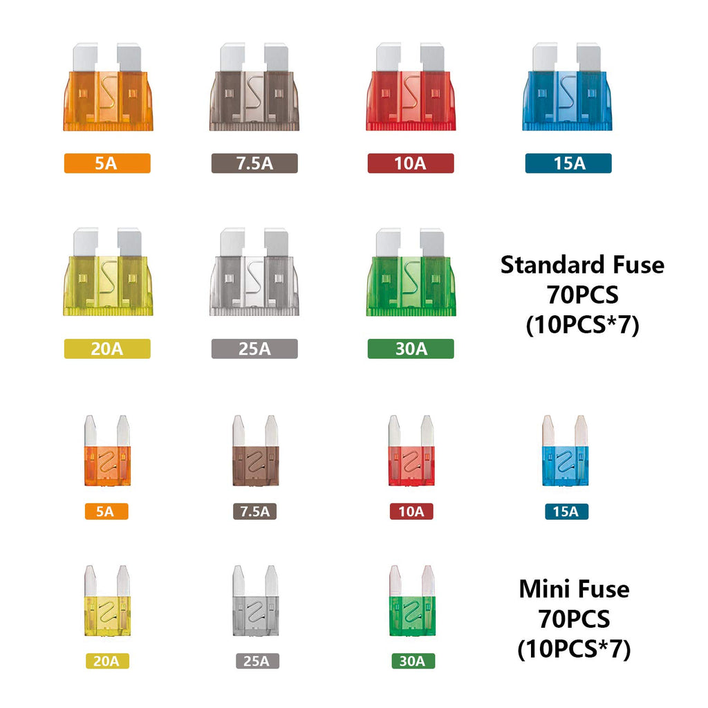 140Pcs Auto Fuse Kit, Standard & Mini Blade Fuses, ATC/ATO, 5A-30A