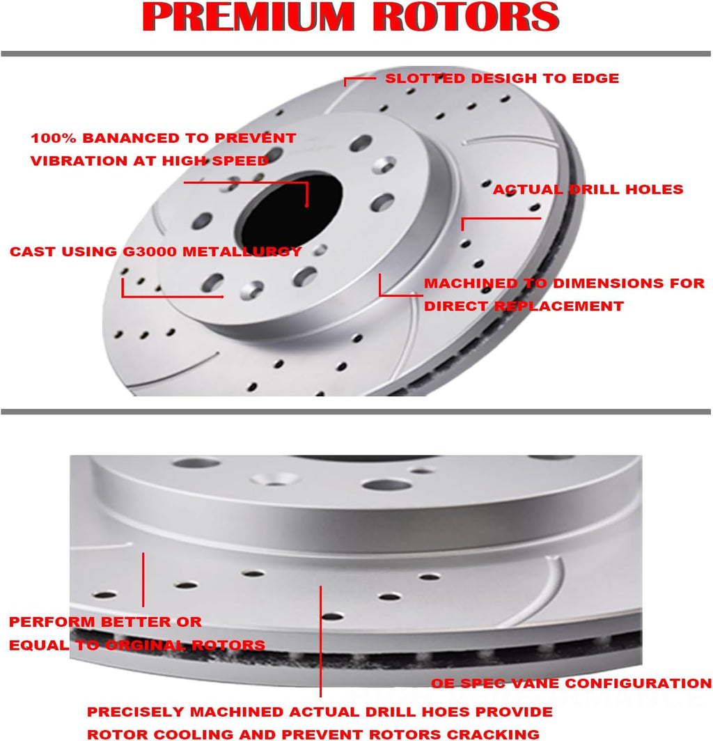 Front Brake Kit Drilled Slotted Rotors & Ceramic Pads for Cadillac Escalade Chevy Silverado 1500 Tahoe GMC Yukon