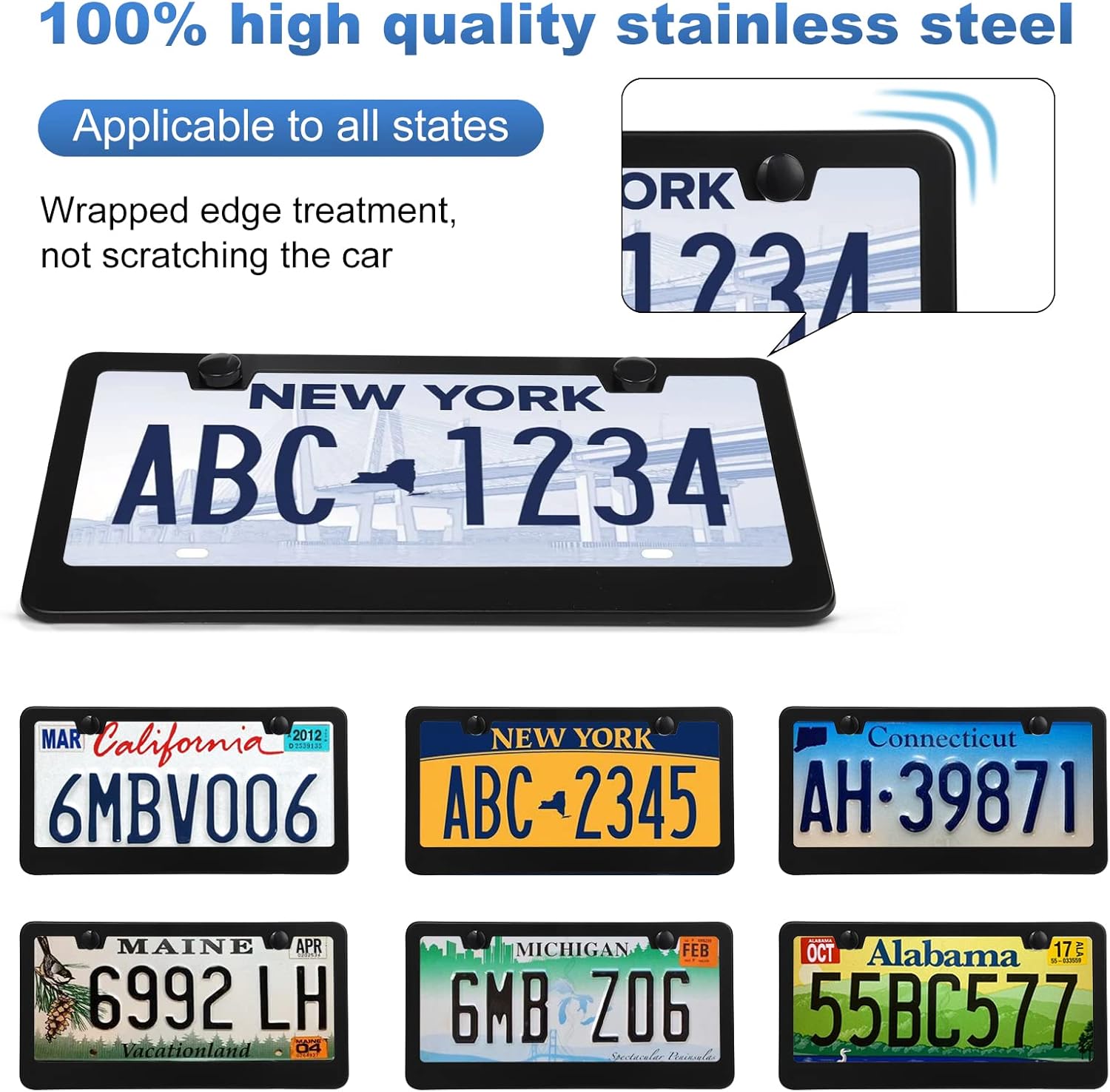 QUANQIUFEI Stainless Steel License Plate Frames, 2 Pack, Black
