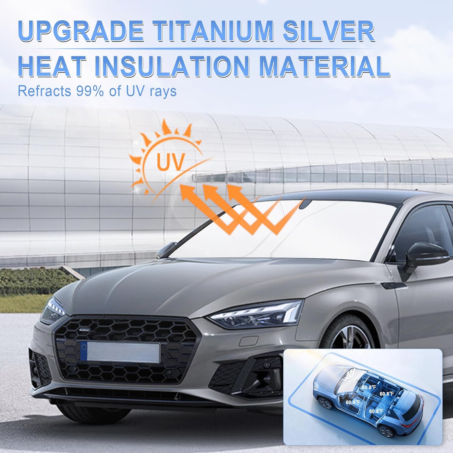 SINGARO 300T Car Windshield Sun Shade, Foldable Reflective, 58" x 32"
