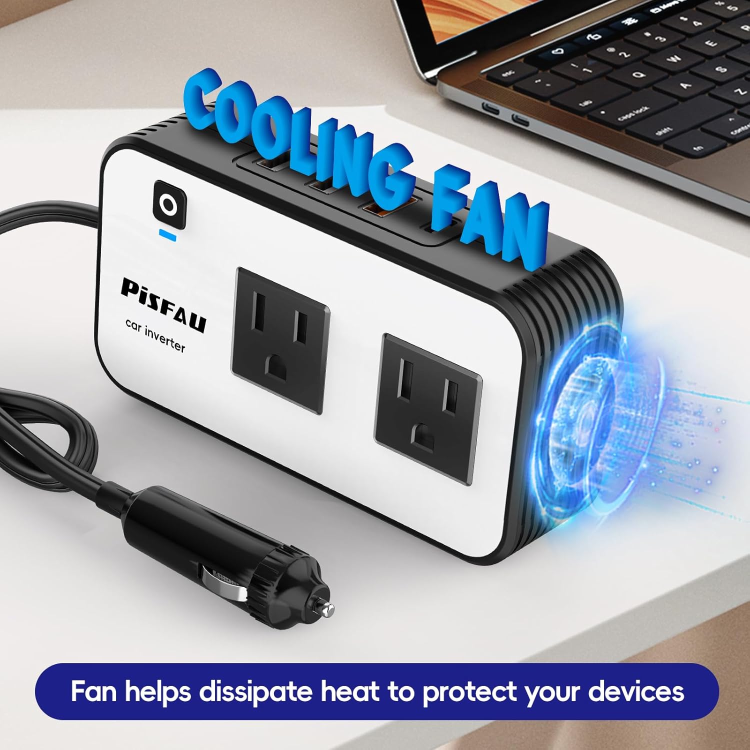 PISFAU 200W Car Power Inverter 12V to 110V AC Outlet w/ USB-C, Dual USB