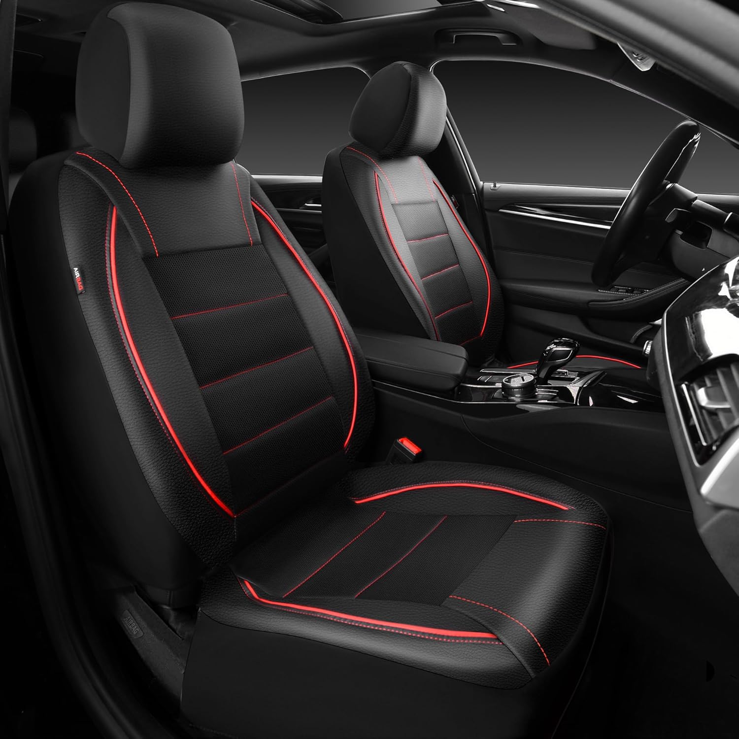 CAR PASS Leather Front Seat Covers, Waterproof Faux Leather Car Seat Protector, Black Red