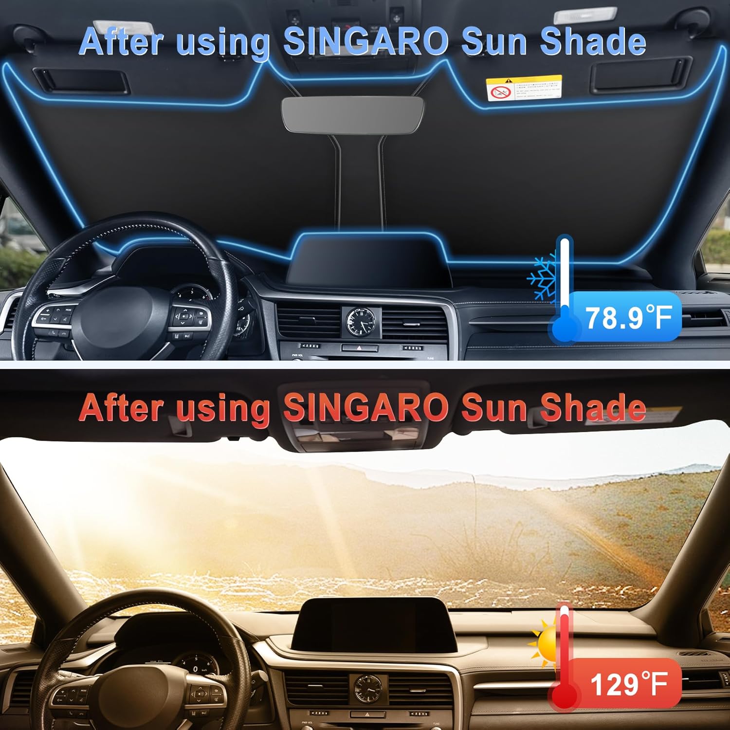 SINGARO 300T Car Windshield Sun Shade, Foldable Reflective, 58" x 32"