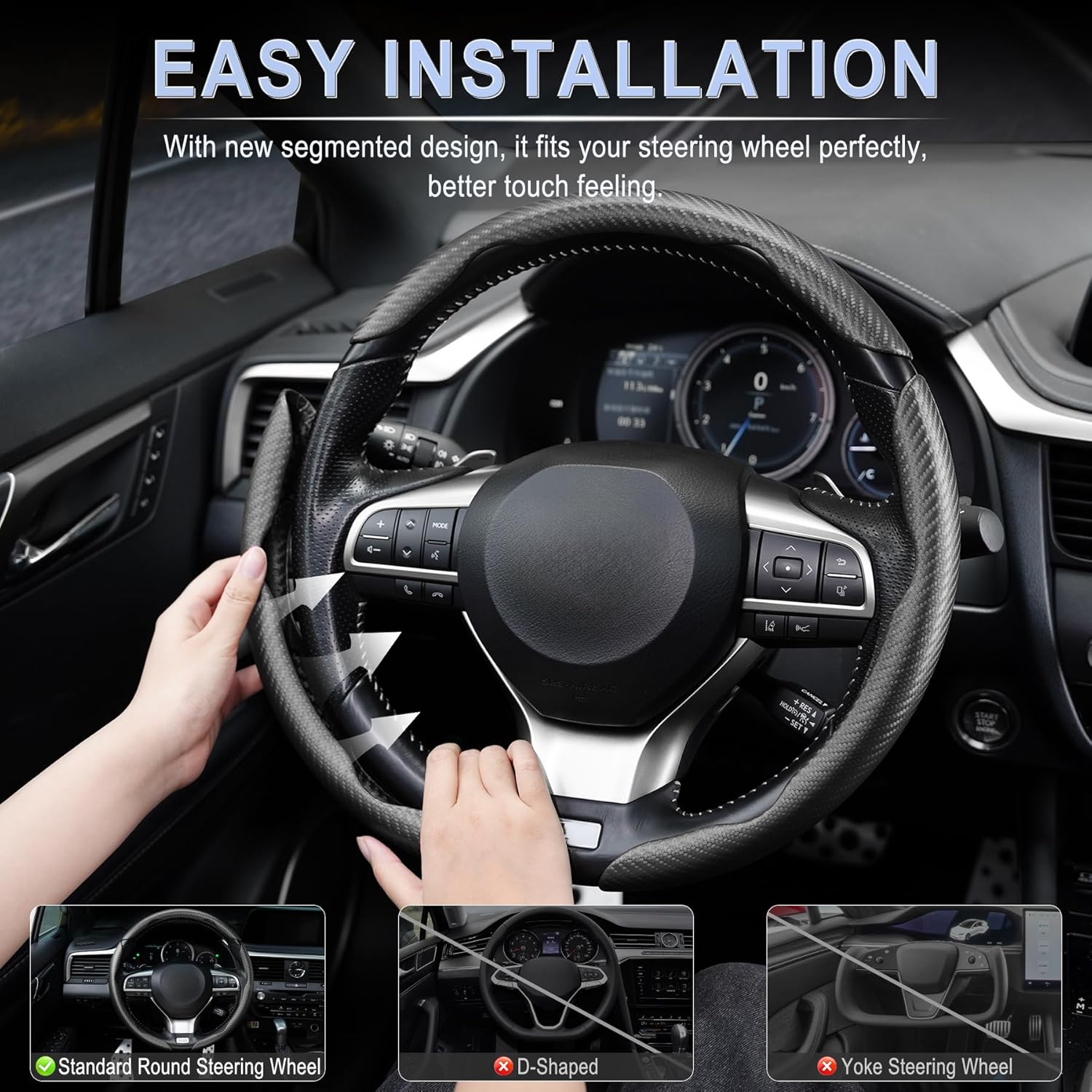 Amiss Carbon Fiber Steering Wheel Cover 3Pcs, Anti-Skid, Universal, Black