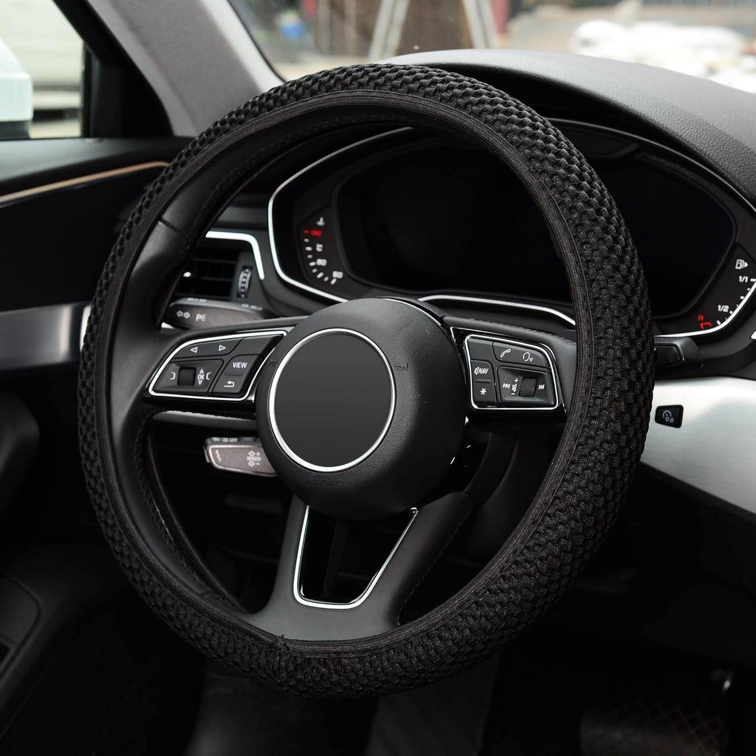 KAFEEK Steering Wheel Cover 15" Universal, Anti-Slip Ice Silk, Black