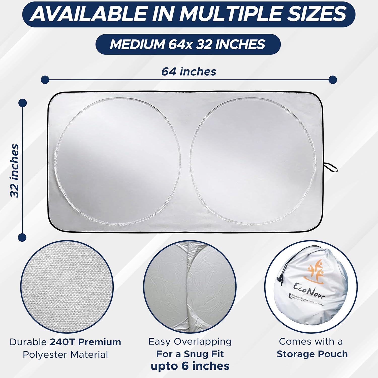 EcoNour Car Windshield Sunshade, Blocks 99% Heat, Universal Fit for Cars, SUVs & Trucks