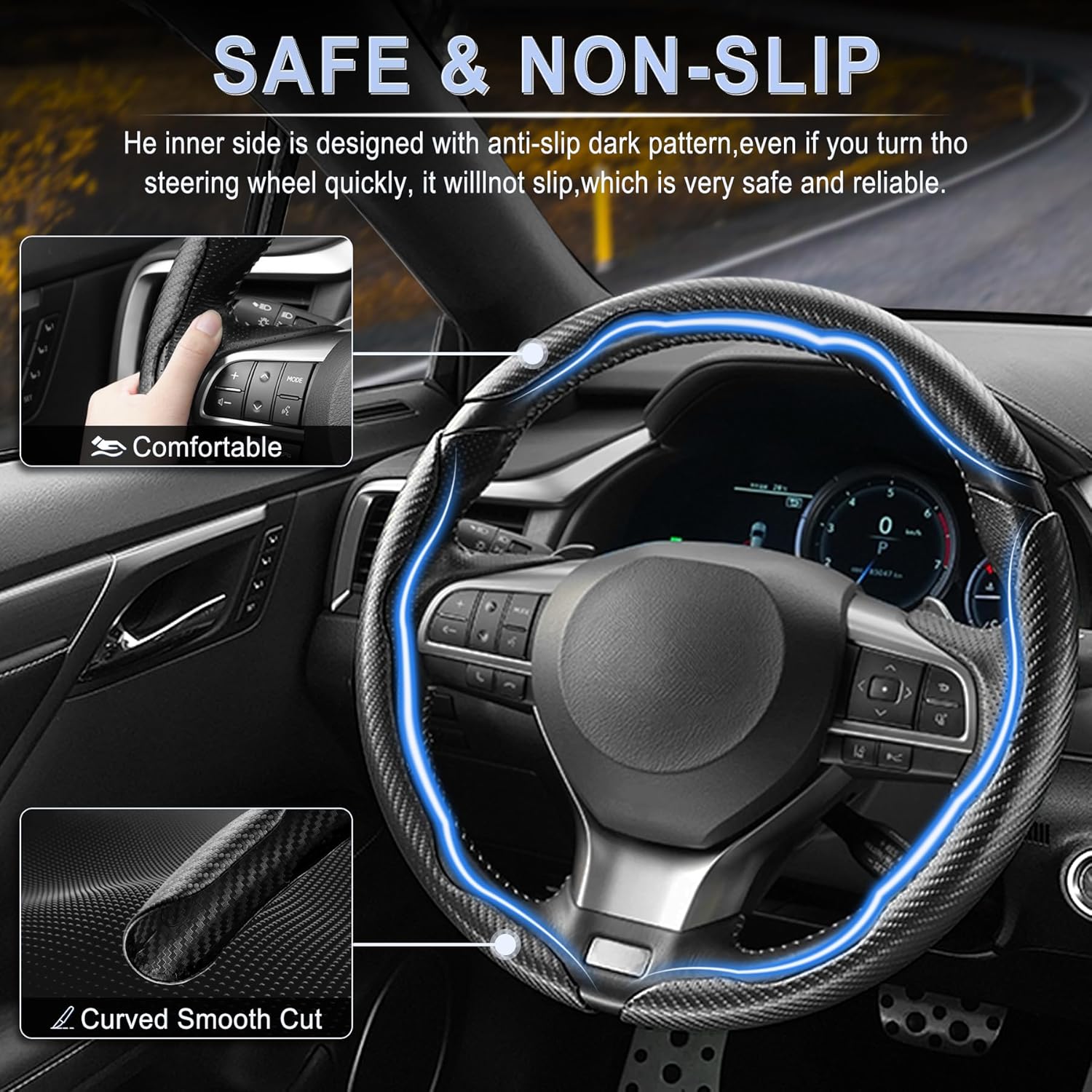 Amiss Carbon Fiber Steering Wheel Cover 3Pcs, Anti-Skid, Universal, Black
