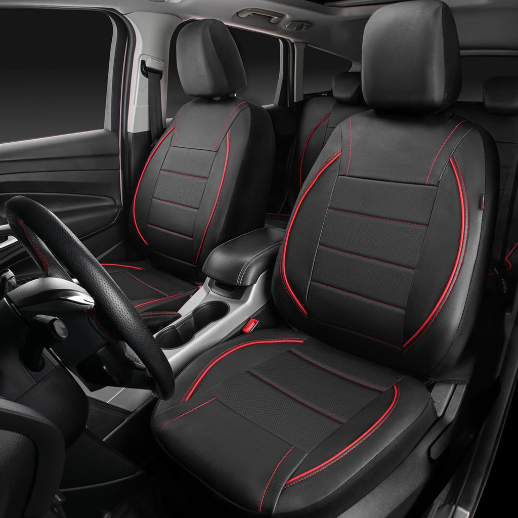 CAR PASS Leather Front Seat Covers, Waterproof Faux Leather Car Seat Protector, Black Red