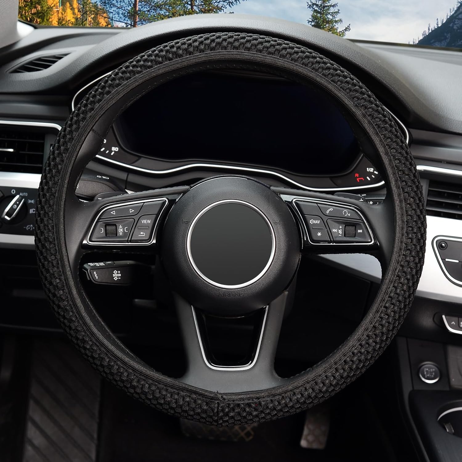 KAFEEK Steering Wheel Cover 15" Universal, Anti-Slip Ice Silk, Black