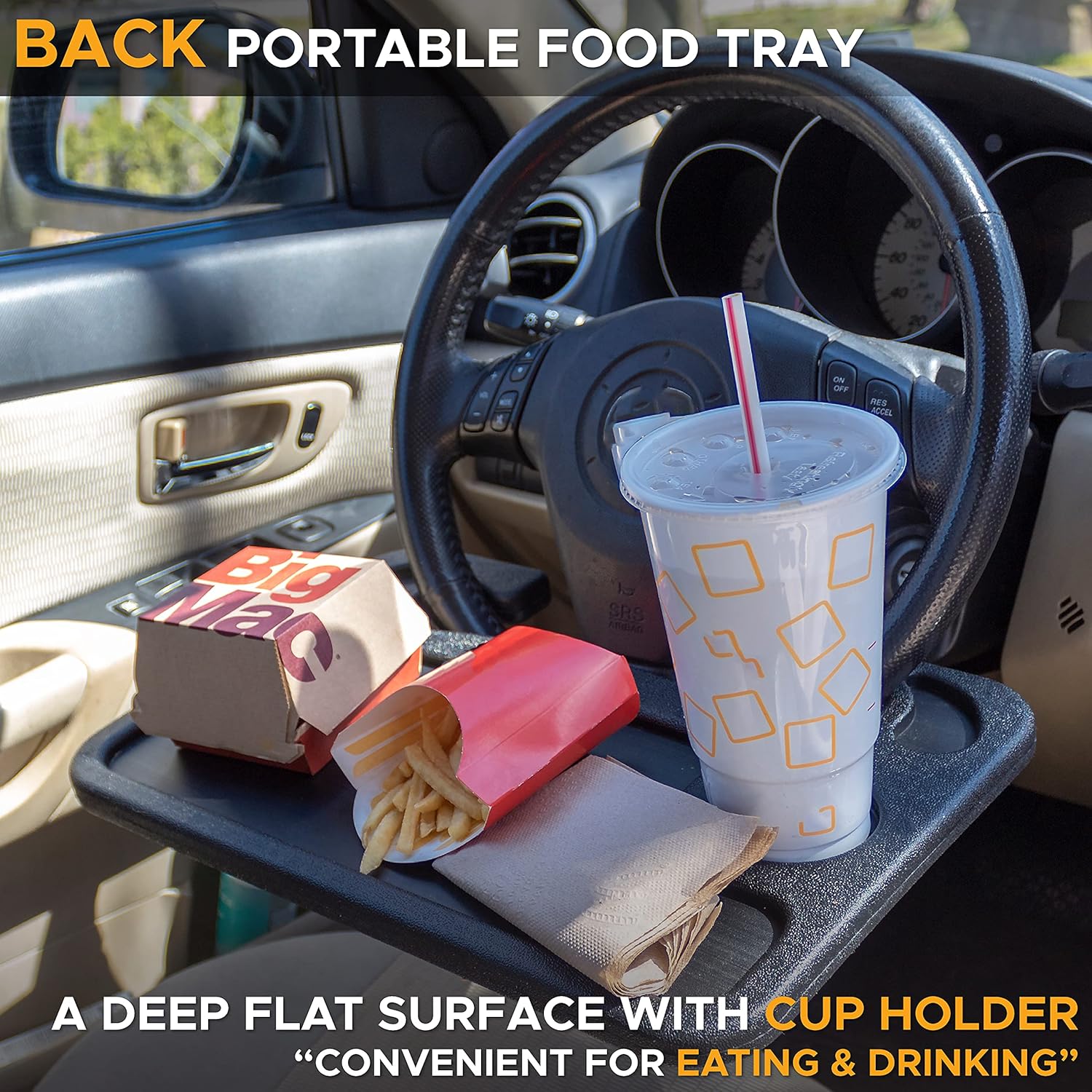 EcoNour 2-in-1 Steering Wheel Desk | Car Laptop Tray, Food Tray & Cup Holder